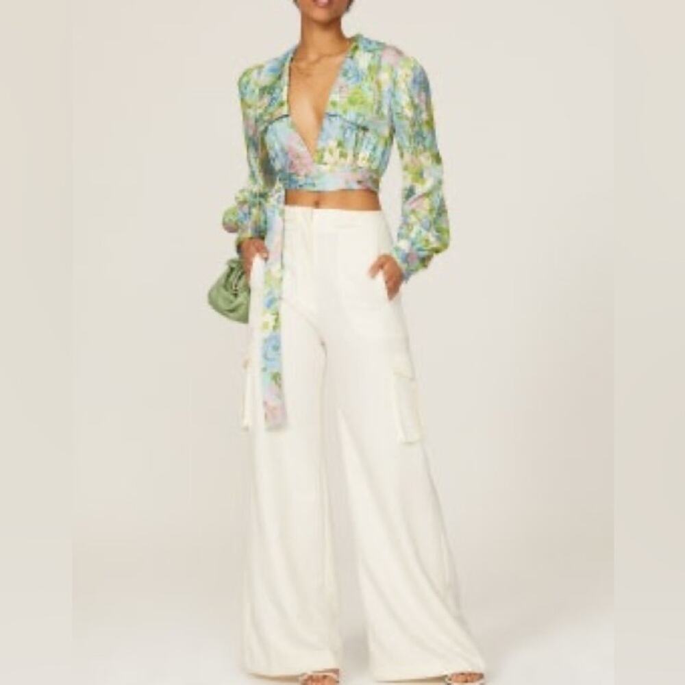Ronny Kobo Long Sleeve Floral Crop Top‎ Plunging Neck Line Silk Blend Medium